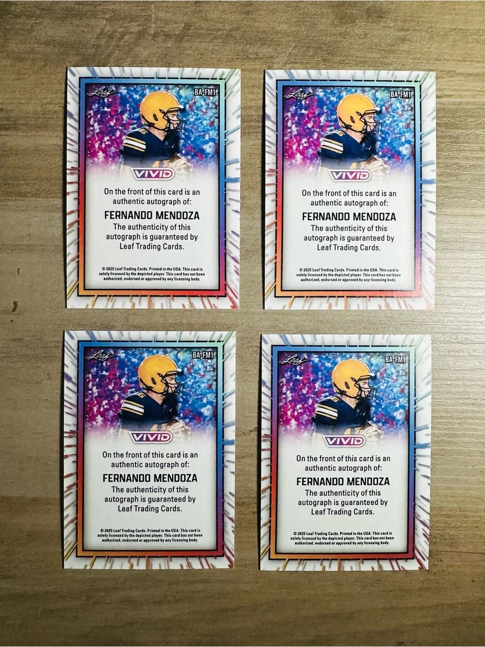 Fernando Mendoza Lot of (4) Rookie 2025 Signed Holo Leaf Novelty Cards. - Picture 2 of 2